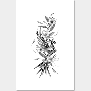 Black and white phoenix bird with flowers Posters and Art